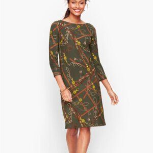 Talbots Olive Green Cotton Equestrian Print Shift Dress Preppy Old Money Sz L
